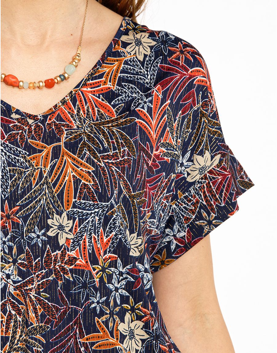 T- shirt floral fils doré