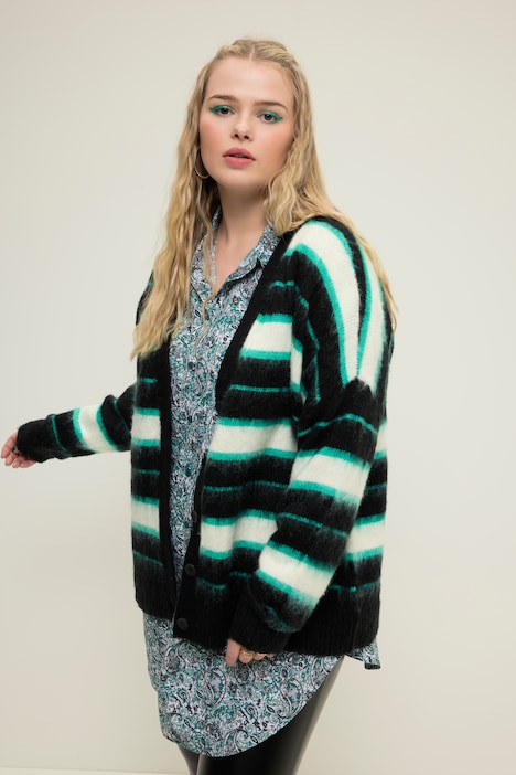 Strickjacke, oversized, Streifen, V-Ausschnitt