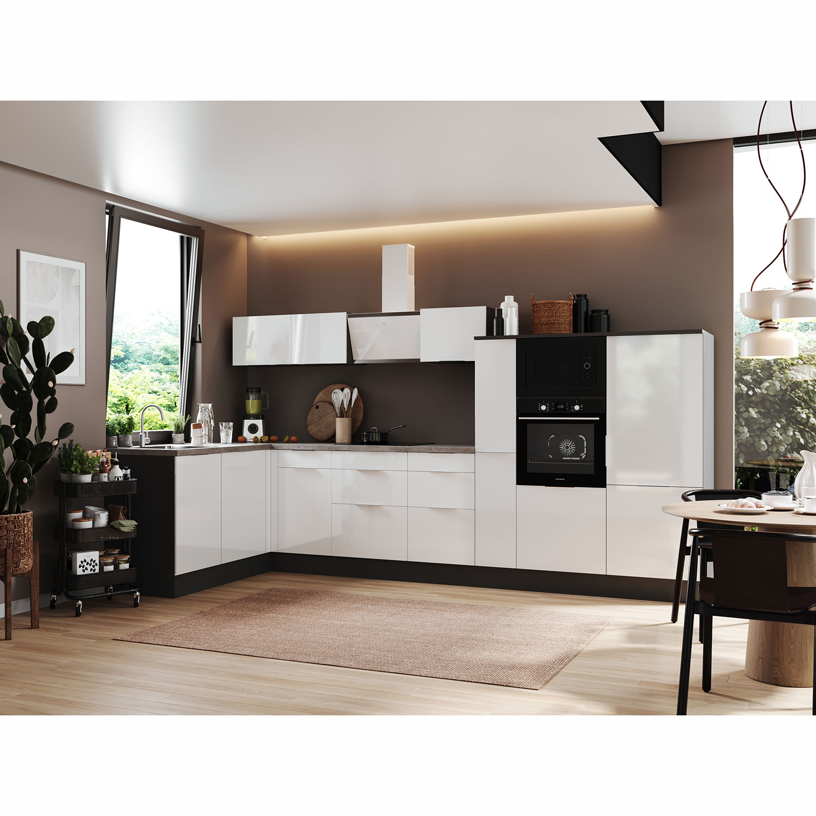 RESPEKTA Winkelküche - weiß Hochglanz - grau matt - mit E-Geräten - 370x175 cm