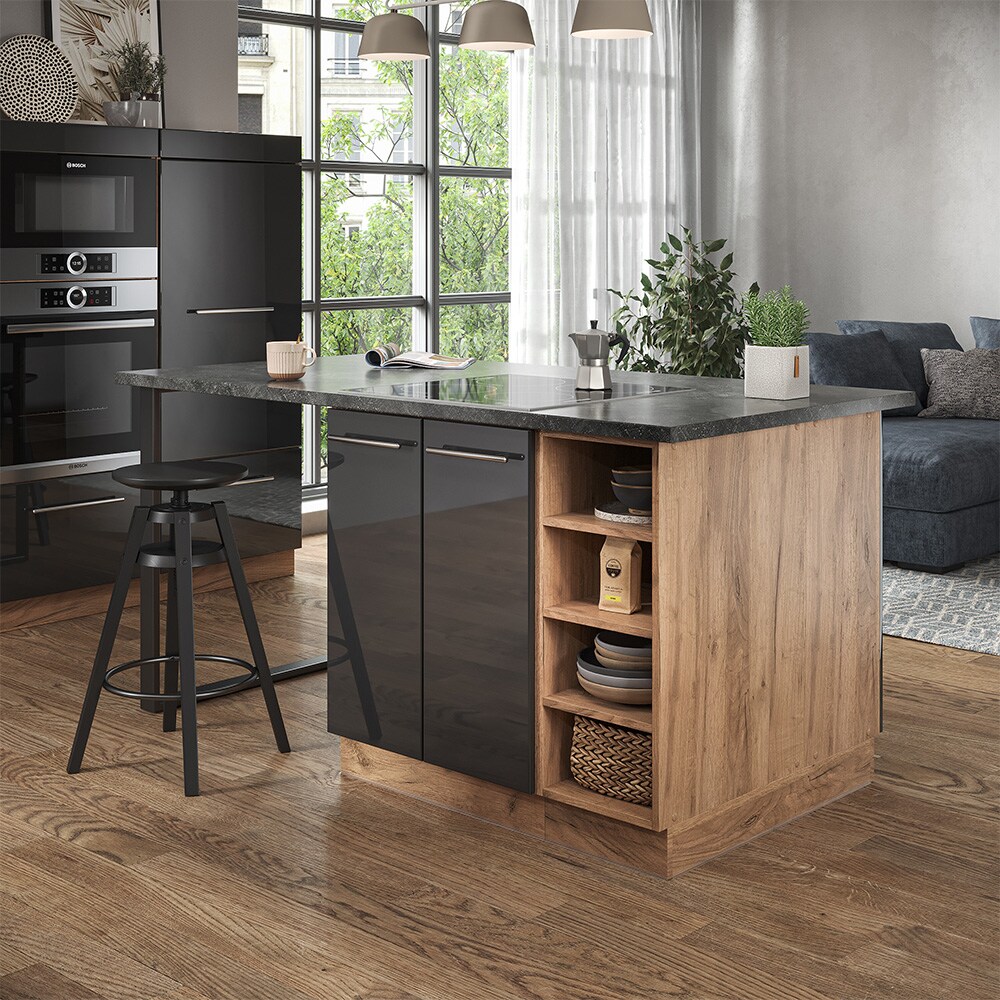 Vicco Kücheninsel Küchenblock Einbauküche Fame-Line Eiche Anthrazit 90 cm modern Hochglanz Küchen Schränke Regalunterschrank Küchenunterschrank Regalinselunterschrank Softclose-Scharnier Küchenmöbel