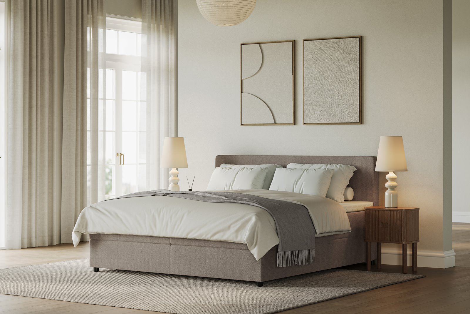 Premium 10 oppbevaringsseng 180x200 cm Magasinseng med oppbevaring, åpnes fra siden. I tekstil storm 09 beige, med medium fasthetsgrad og premium 10 overmadrass,sorte ben. Sengegavl selges separat.