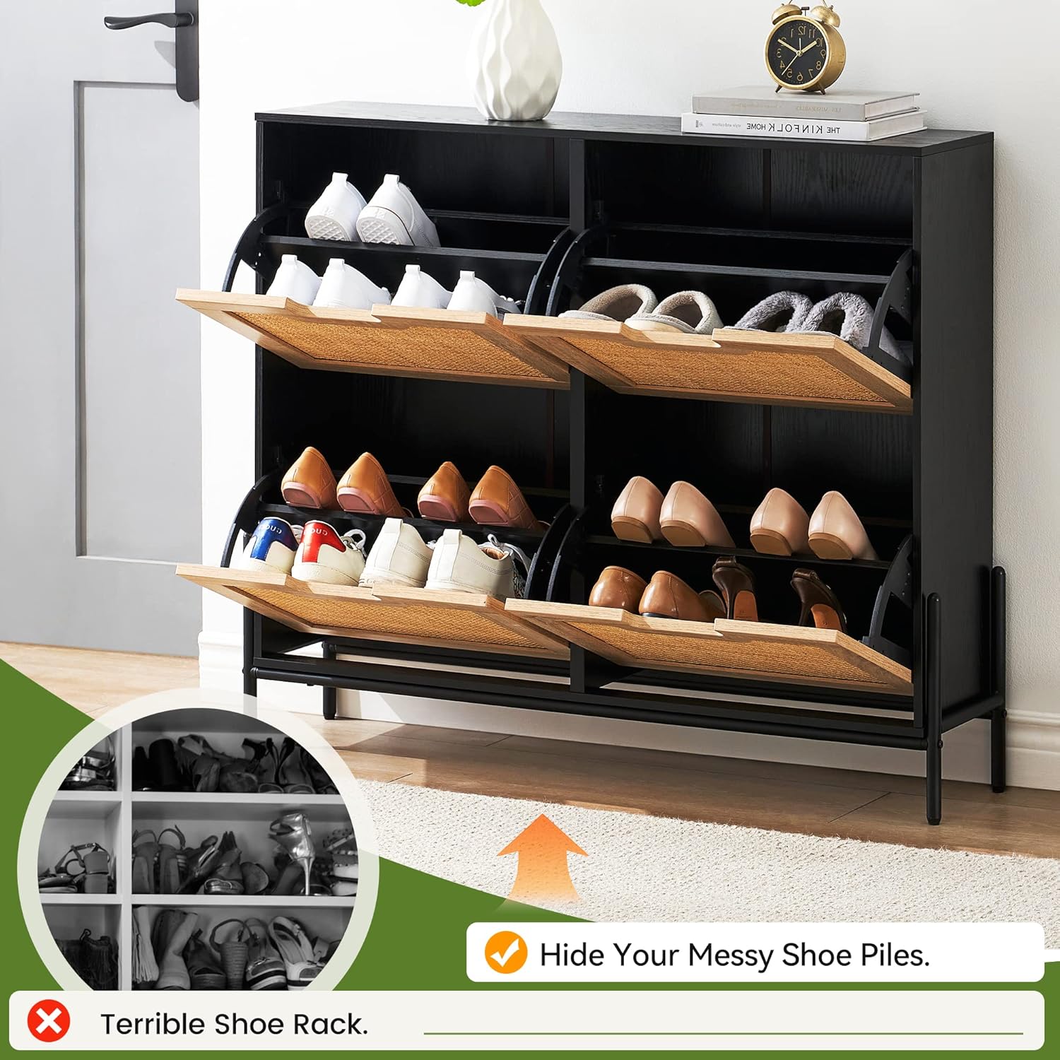 Schuhschrank Mit 4 Klappen, Schuhregal Schuhkipper Schmal, Schuhablage Verstellbar, Schuhkommode für Flur Eingang 100 x 24 x 88 cm