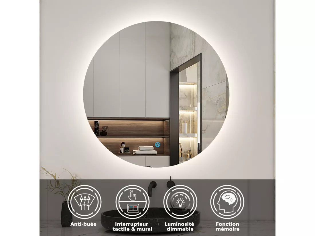 AICA LED Miroir lumineux rond 100cm anti-buée + dimmable + mémoire miroir salle de bain