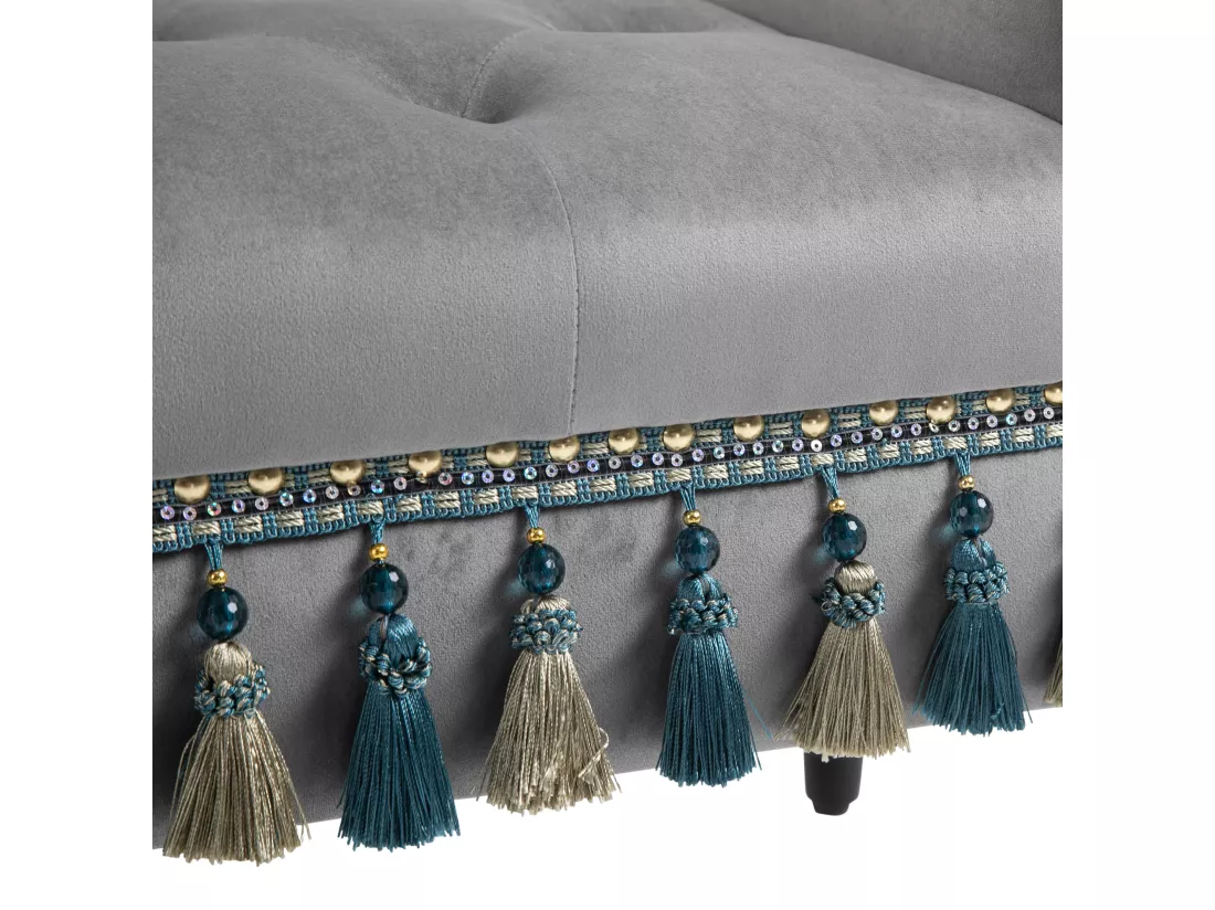 Banc banquette capitonnée design accoudoirs courbés pompons pieds bois hévéa revêtement velours gris