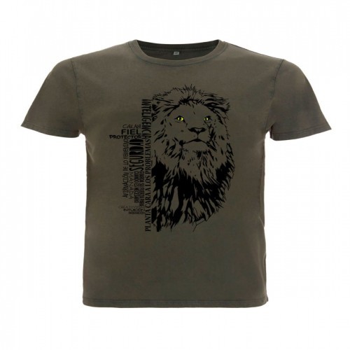 Camiseta masculina com estampa de leão verde, um totem animal.