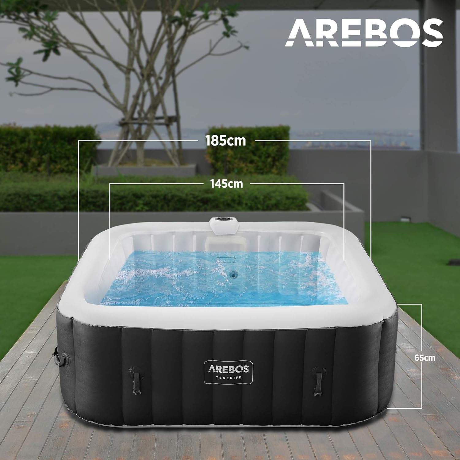 Arebos Spa Whirlpool 2400 W | automatisch aufblasbar | In- & Outdoor Spa Pool | 6 Personen | 185x185 cm | LED-Beleuchtung | 130 Massagedüsen | 910 L | Inkl. Abdeckung | Bubble Spa & Wellness Massage