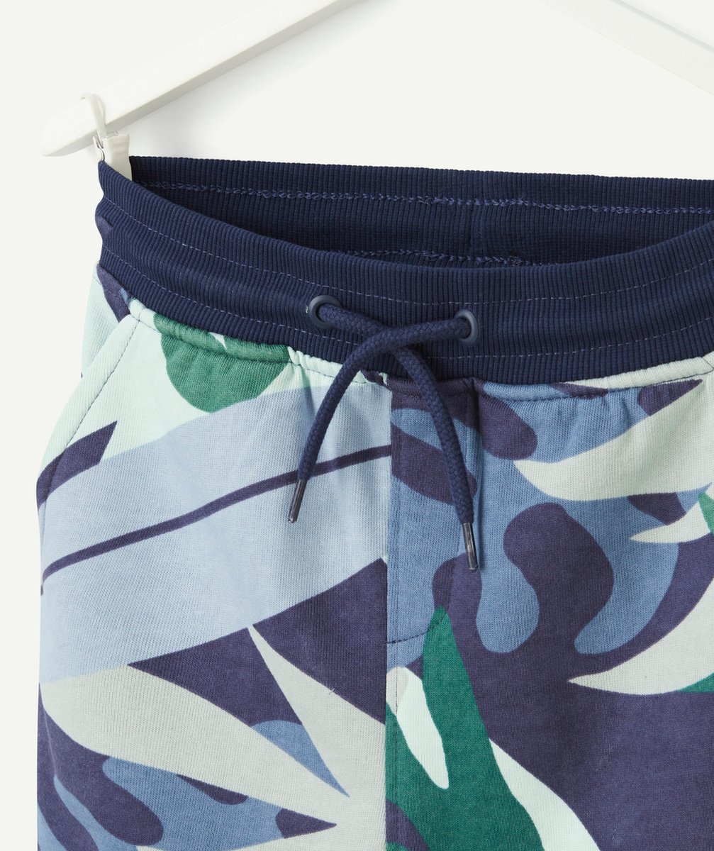 bermuda garçon en coton biologique bleu imprimé feuillage