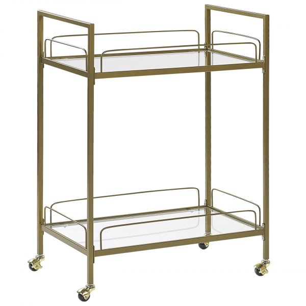 Beliani Carrinho de Cozinha com Rodas em Metal Dourado e Vidro com Prateleiras Funcional Prática e Decorativa