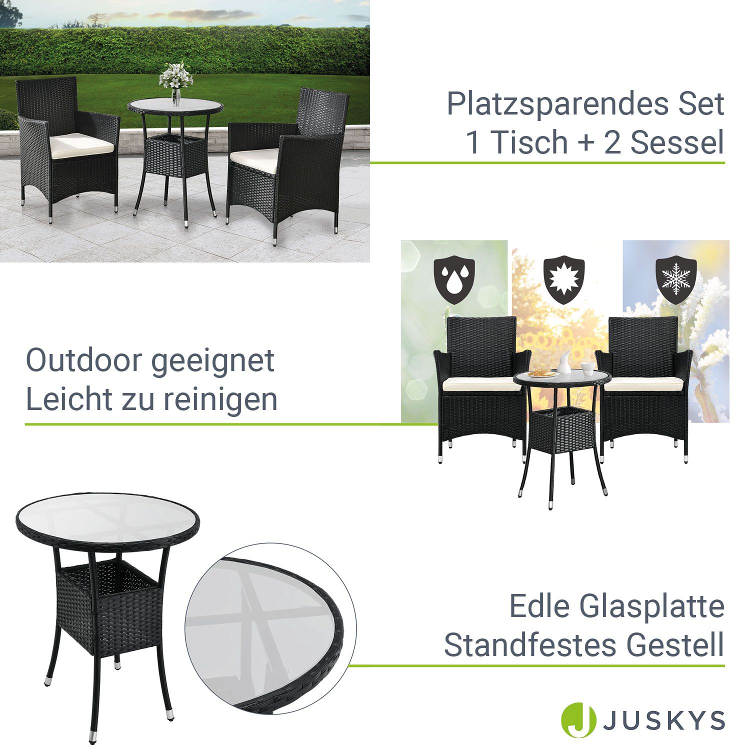 Juskys Polyrattan Balkon Set Bayamo 3-teilig für 2 Personen – Balkonmöbel mit Tisch & 2 Stühlen