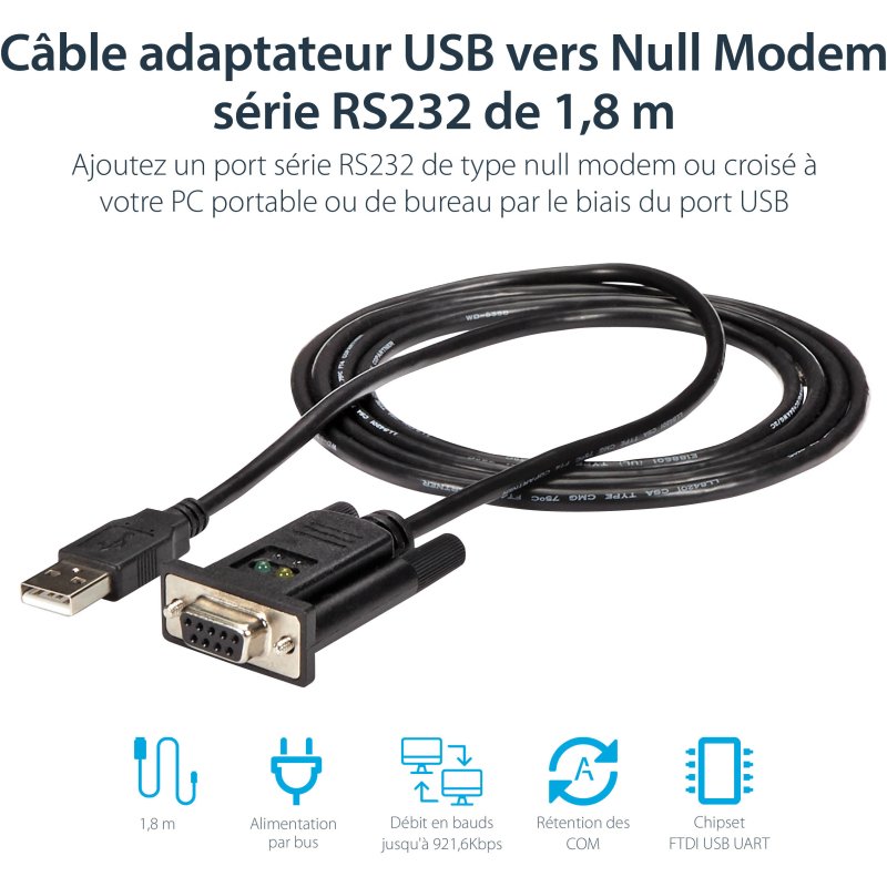 StarTech.com Câble Adaptateur USB vers RS232 Série - Câble DB9 Série DCE avec FTDI - Null Modem - USB 1.1 / 2.0 - Alimenté par Bus
