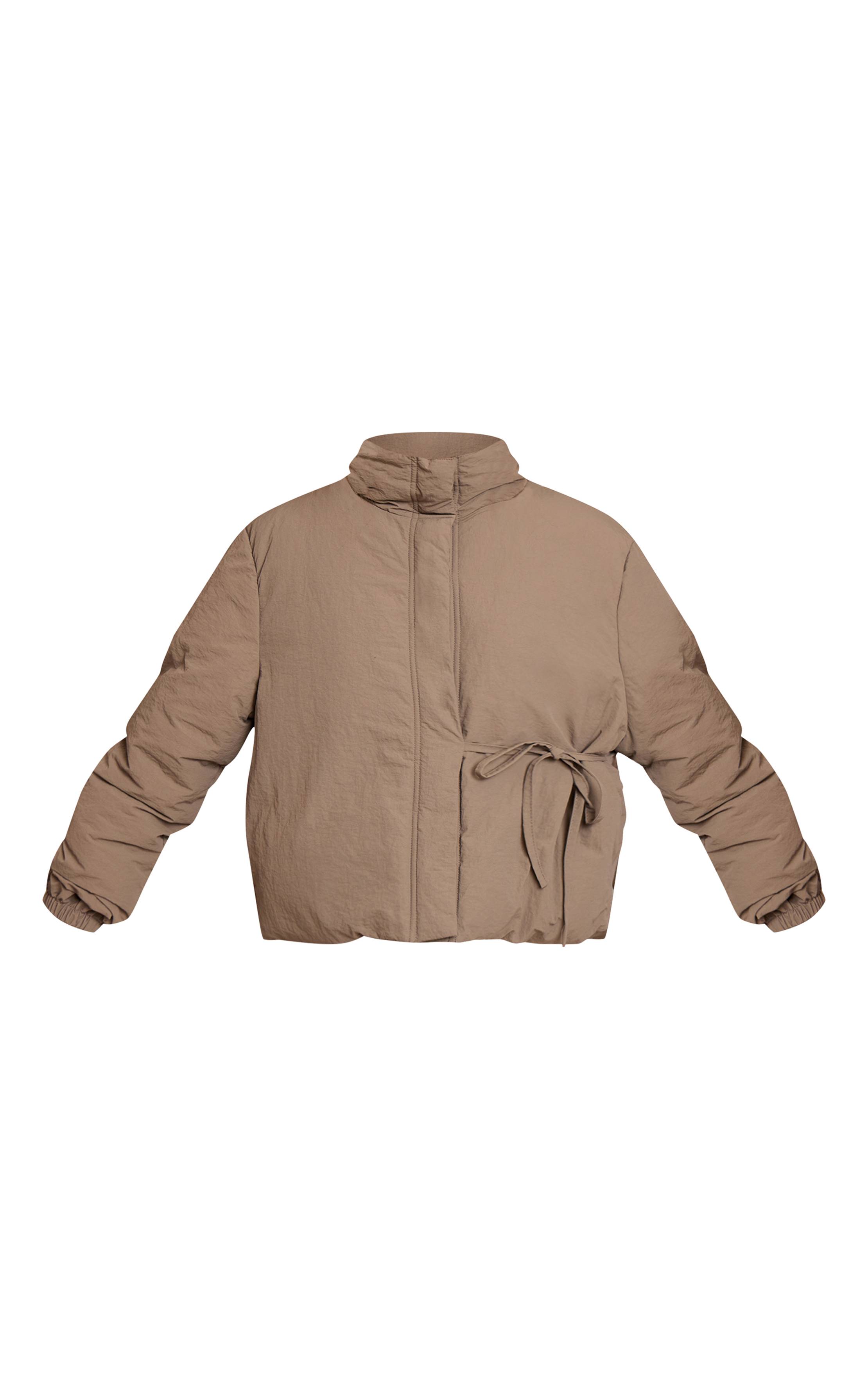 Kaki Veste Matelassée Bouffante À Col Montant Et Ceinture À Nouer Effet Délavé
