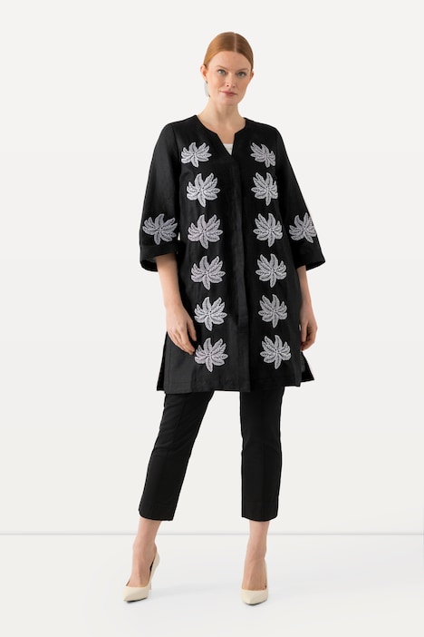 Leinenbluse, Stickerei, Tunika-Ausschnitt, 3/4-Arm
