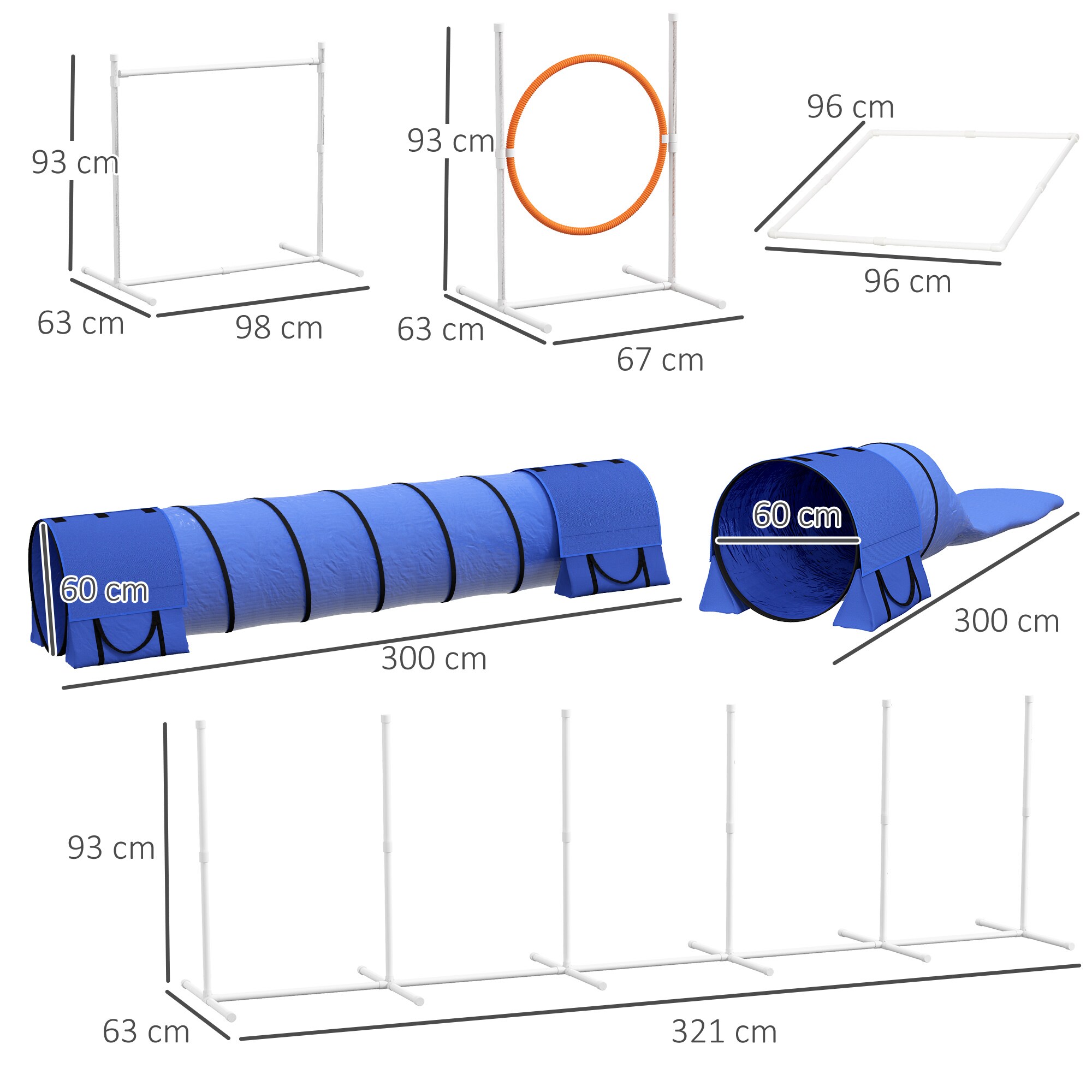 PawHut Hürdenlaufset mit Hundepfeife blau 321L x 63B x 93H cm