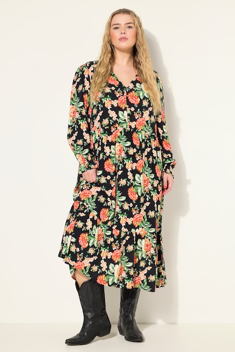 Kleid, A-Line, Flower Print, Langarm