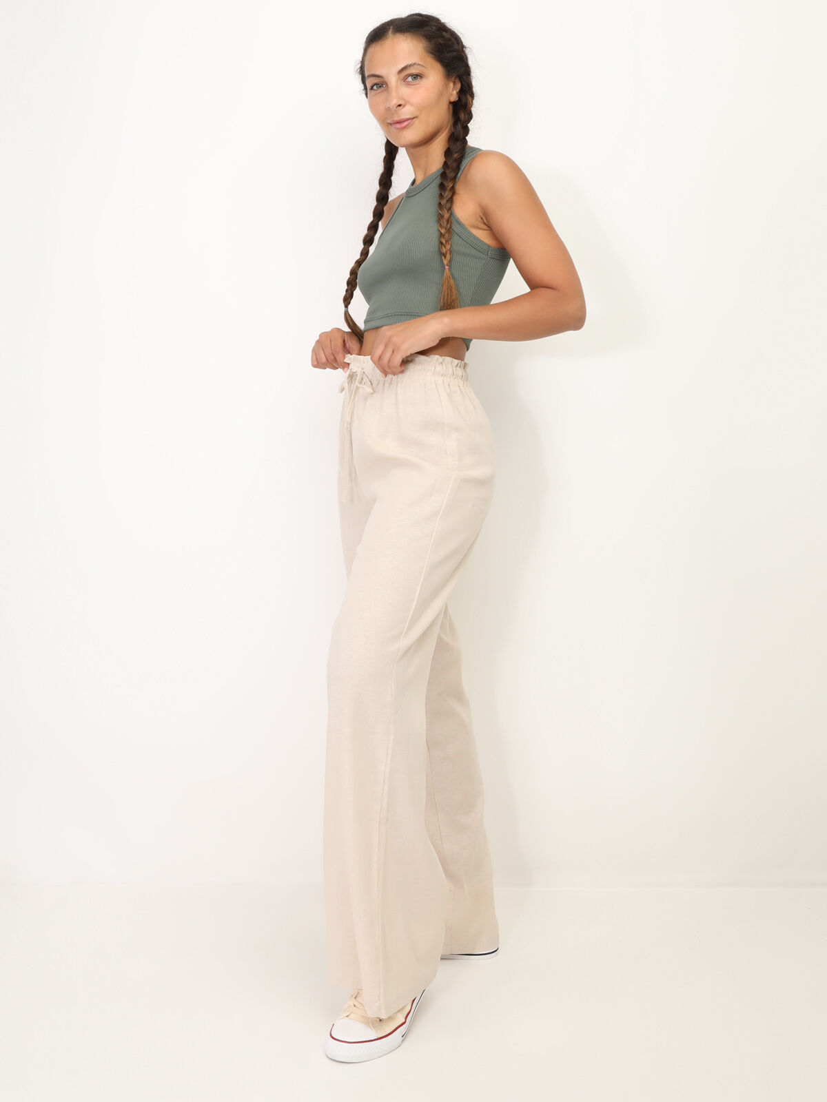 Pantalon en lin large à liens- Beige