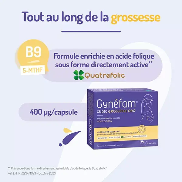 Gynefam Supra Pregnancy Oro, caixa com 28 sachês de pó orodispersível para 1 mês de gravidez.