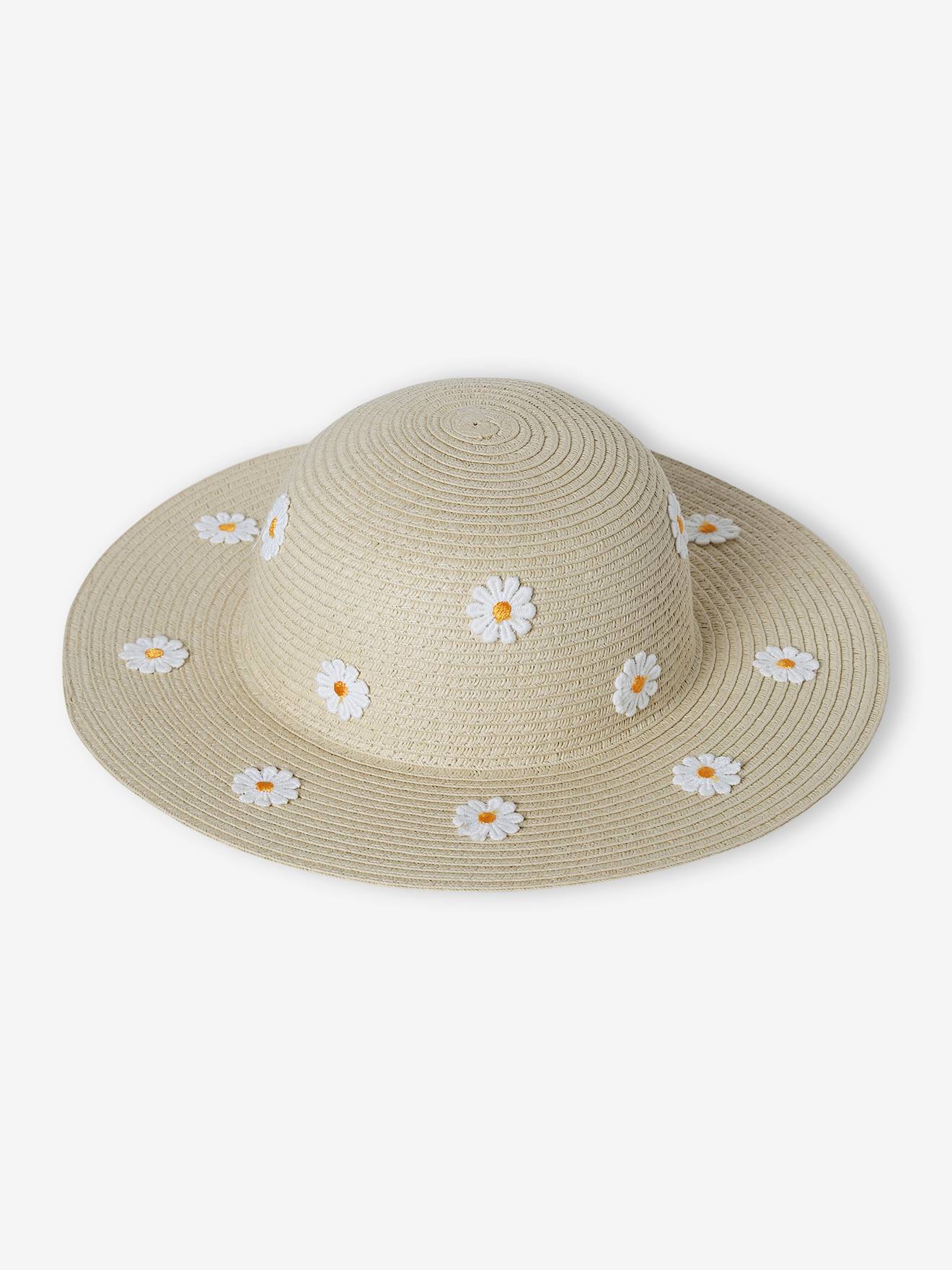 Chapéu de palha com margaridas para menina, cor areia bege.
