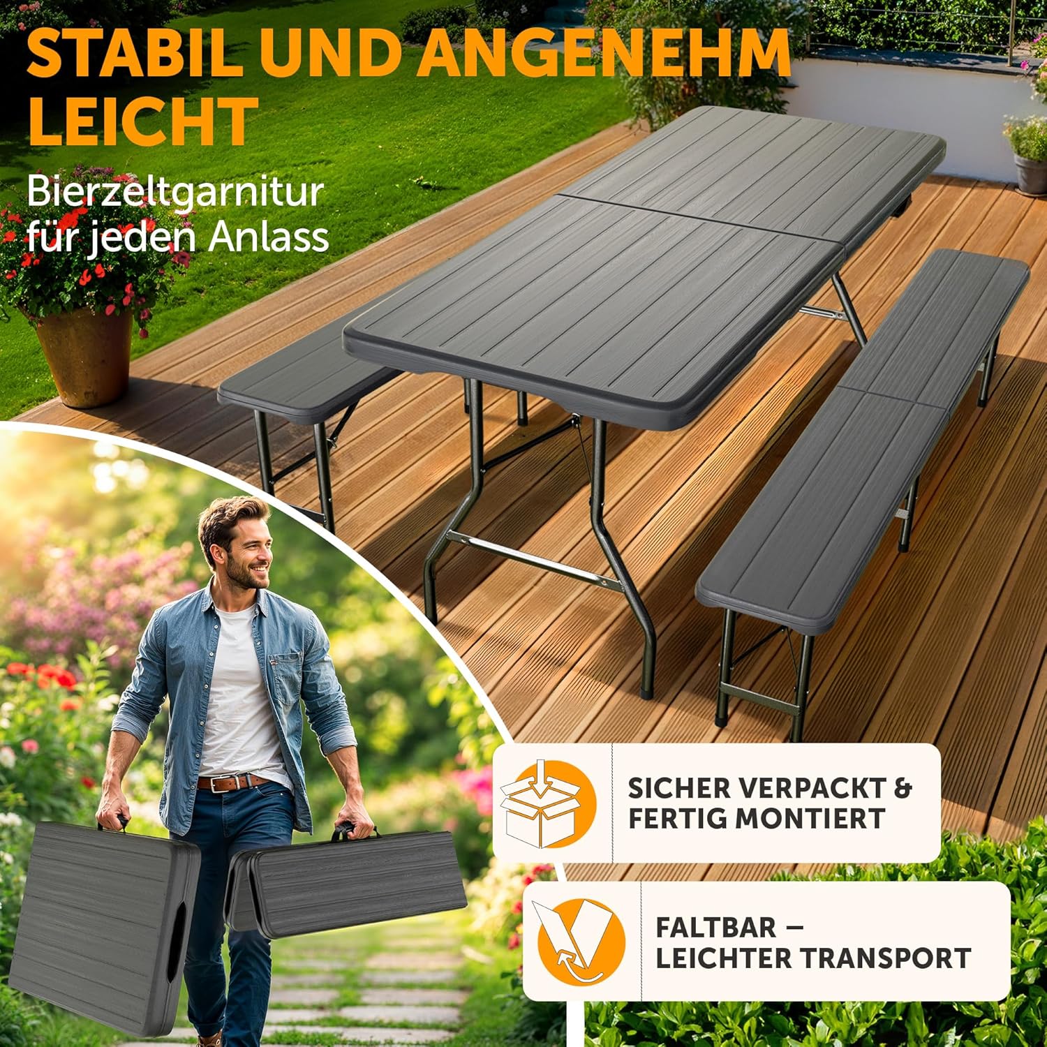 Blumtal Bierzeltgarnitur 3er Set - 2X Bierbank + 1x Biertisch - tragstarke Biertischgarnitur klappbar für 8 Personen - Bierbankgarnitur mit Tragegriff - Biergartengarnitur in Holz-Optik Anthrazit
