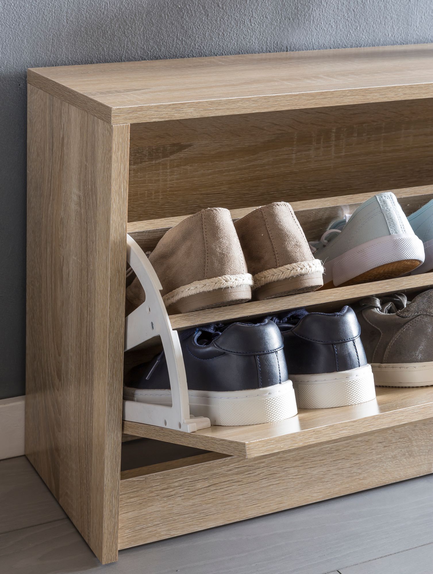 KADIMA DESIGN Holz Schuhkipper Bank: Kippfächer, verstellbarer Einlegeboden, Melaminharzbeschichtung