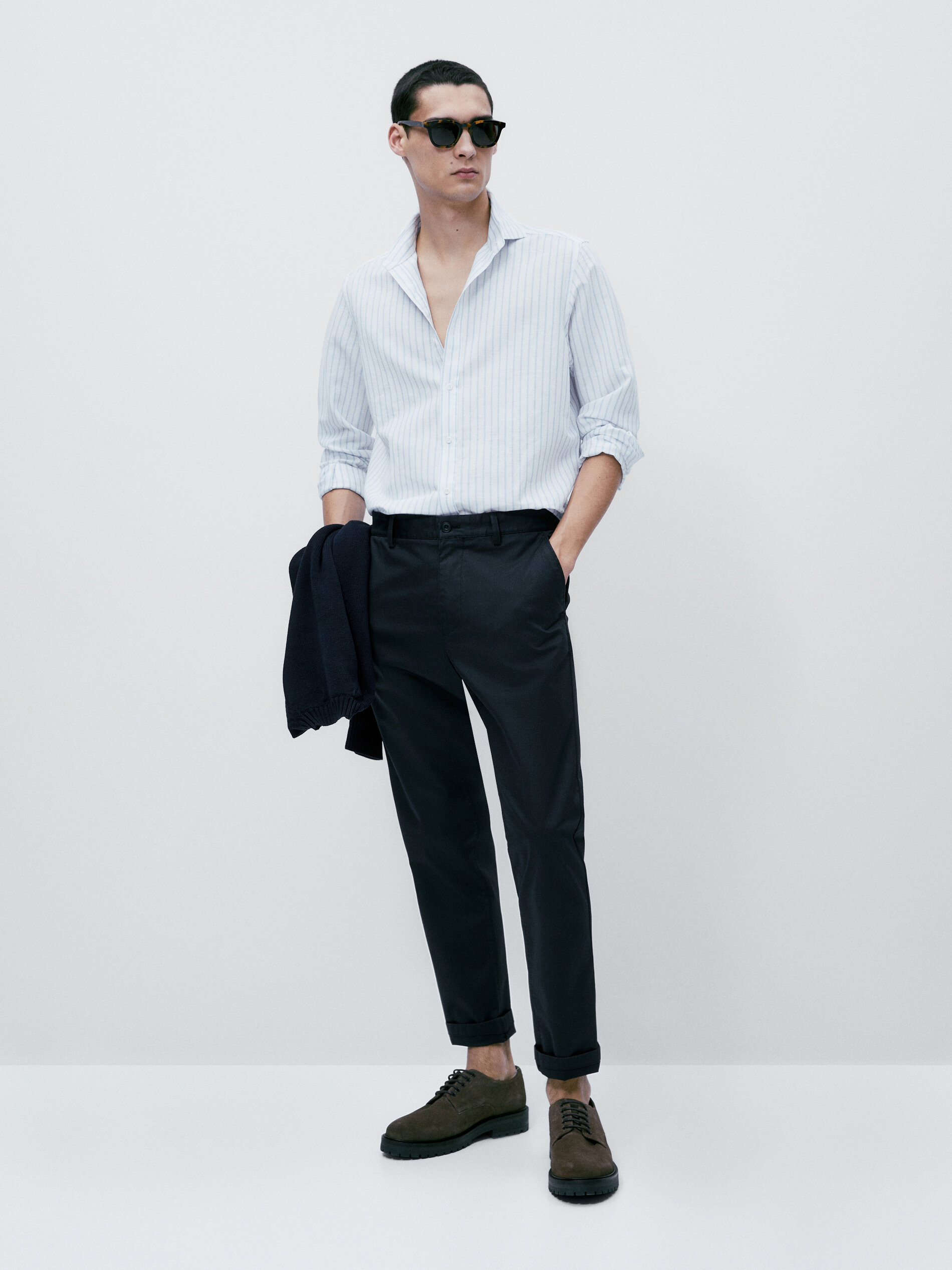 Rayas camisa com lino e algodón slim fit - LIGHT BLUE