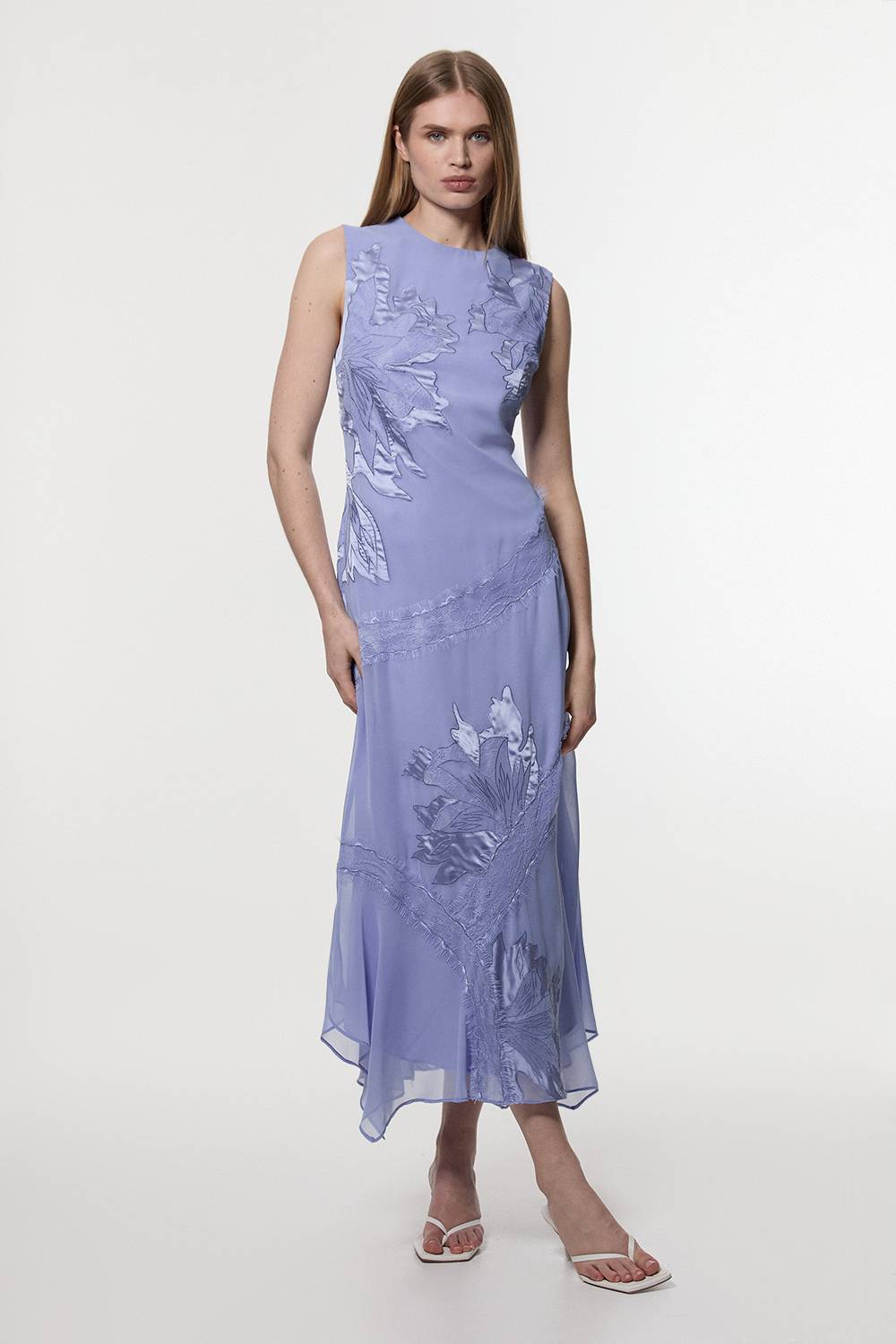 KarenMillen Robe maxi tissée en georgette sans manches avec appliqué et dentelle pour grande taille