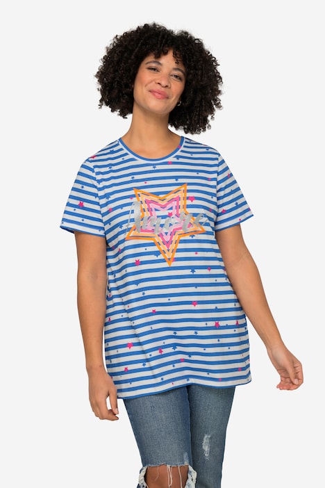 T-Shirt, Comfort Fit, Ringel, Stern, Rundhals, Halbarm