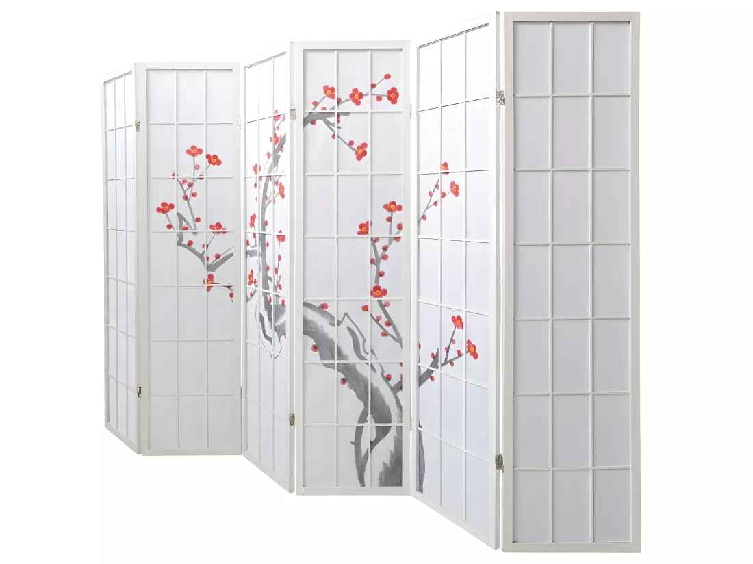 Paravent japonais fleur de cerisier en bois blanc de 6 pans, L264 x H175 x P2 cm