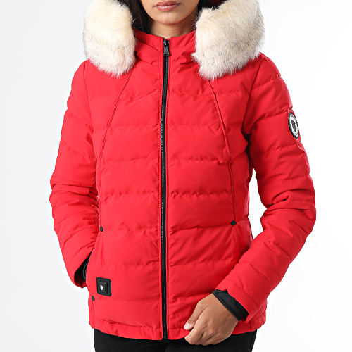 Doudoune Capuche Fourrure Chauffante Femme Budapest Rouge Beige