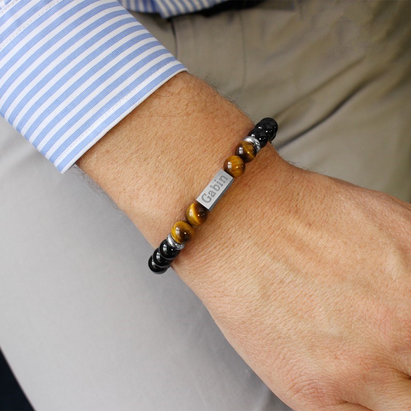Bracelet perles oeil de tigre et agates noires homme - gravure JE T'AIME