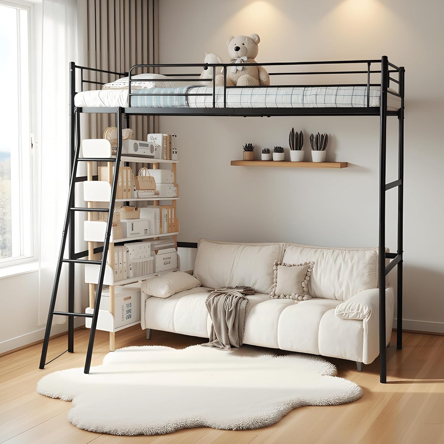 Hochbett 90x200cm, Kinderbett Bettrahmen Metallbett, Etagenbett mit Barriere und Schrägleiter, für Erwachsene Jugendliche und Kinder, Schwarz