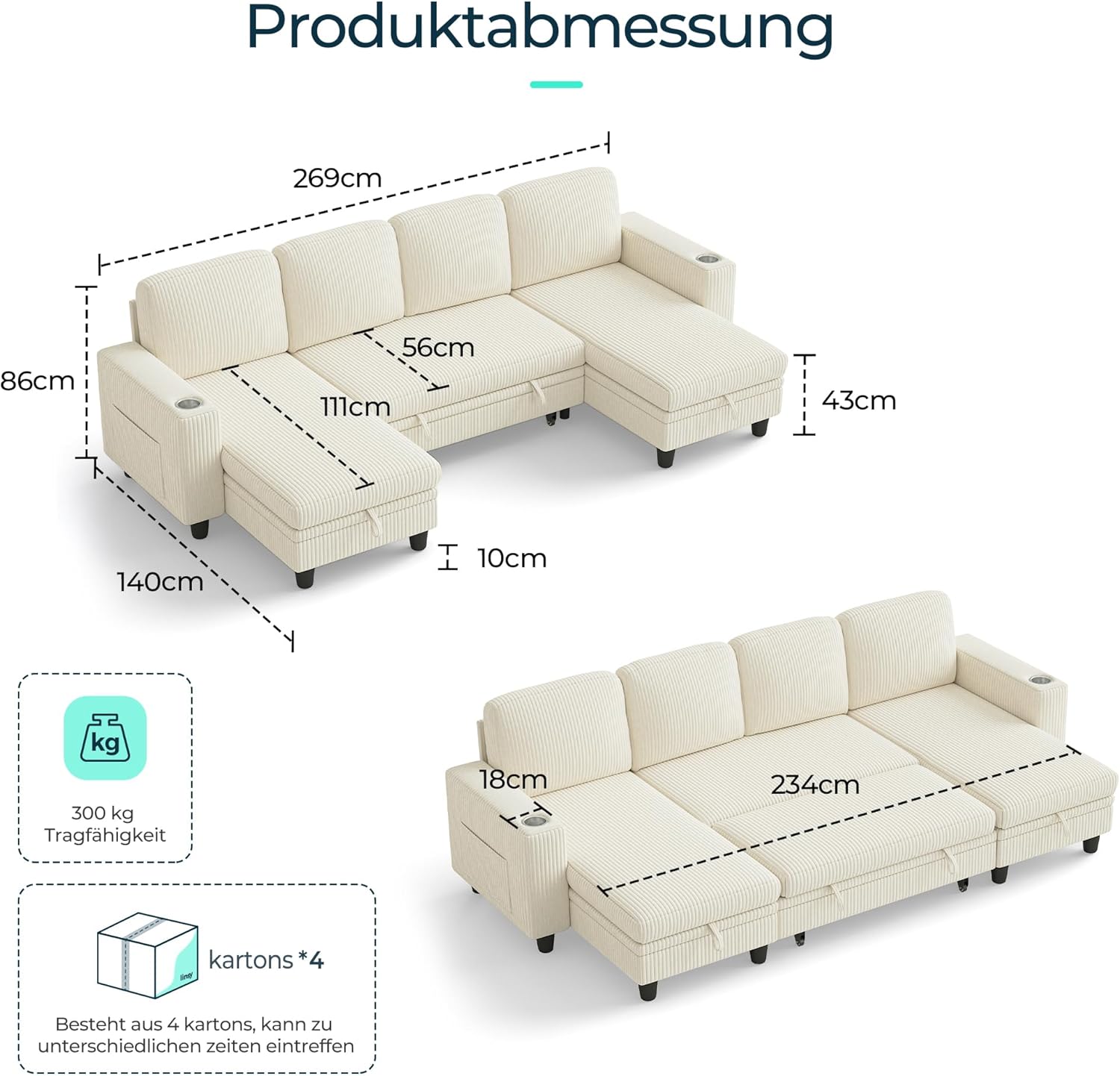 LINSY HOME Schlafsofa Ausziehbarer Couch, Ecksofa mit Schlaffunktion, Stauraum, Cord-Bezug U-Form Modulare Sofas mit Chaiselongue für Wohnzimmer und Wohnungen (Beige, U-Form)