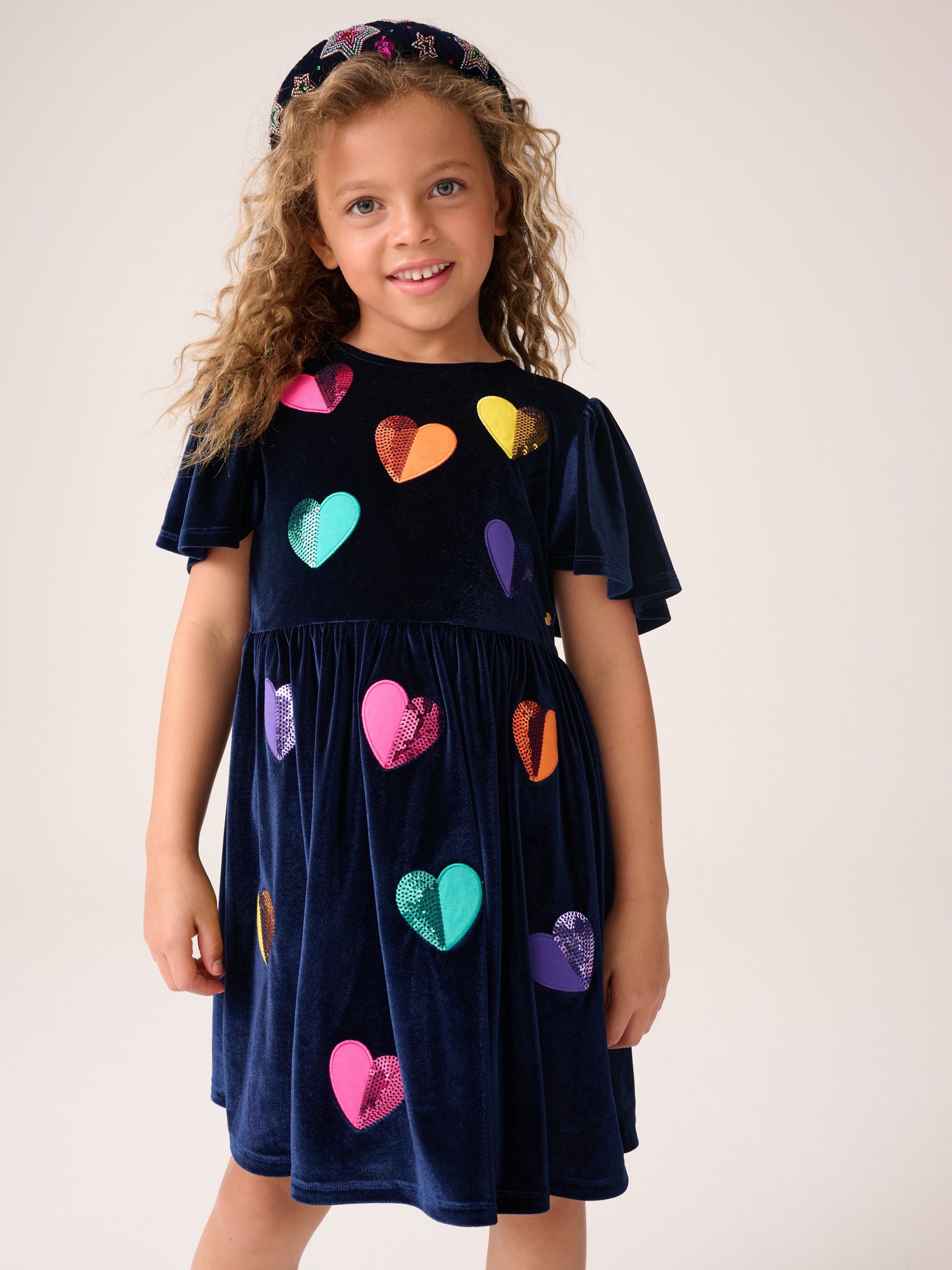 Little Bird by Jools Oliver Velvet Party Sequin Heart Angel Sleeve Skater Dress