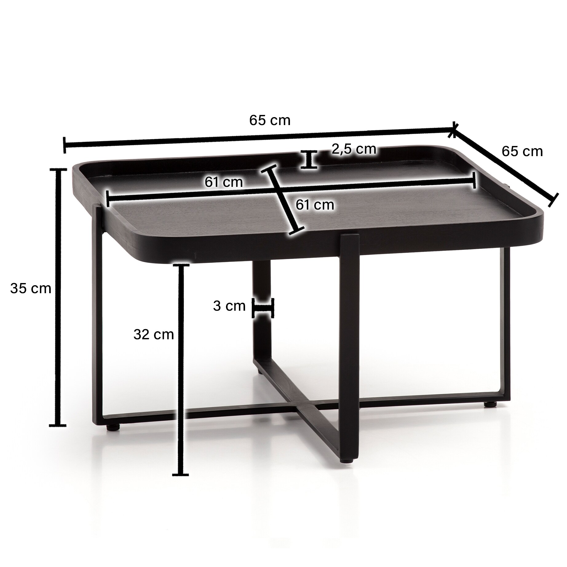 Couchtisch FineBuy Sofatisch Massivholz Schwarz 65x65x35cm Wohnzimmertisch Eckig