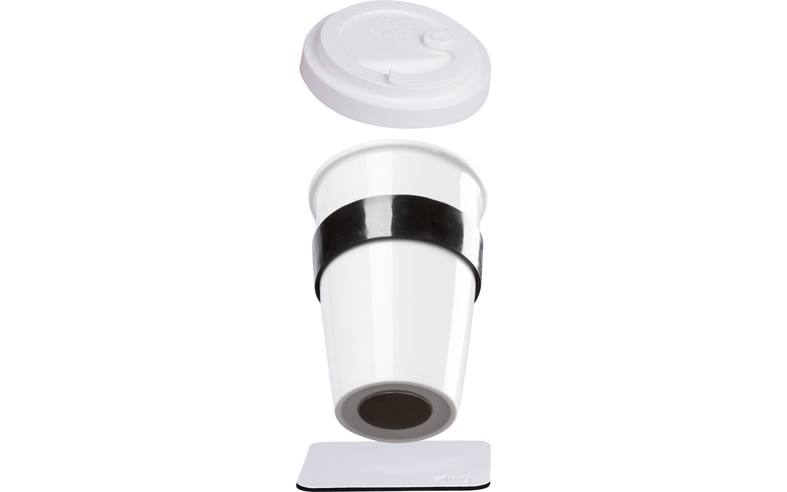 silwy® To-Go-Cup Porzellan Becher mit Deckel inkl. Metall-Nano-Gel Pad Untersetzer (350 ml)