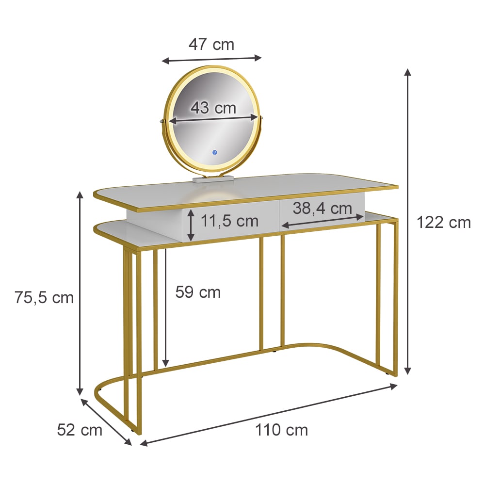 Vicco Schminktisch Tiara, 110 x 122 cm, Weiß Gold, Frisiertisch mit LED-Spiegel