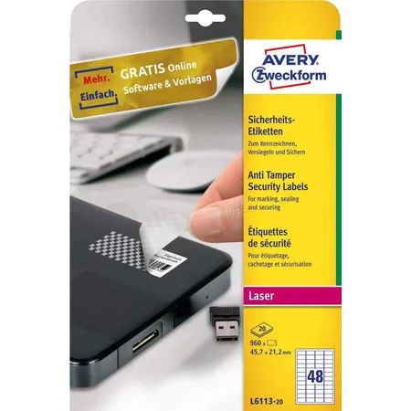 Avery Zweckform L6113-20 Sicherheits-Etiketten, 45,7 x 21,2 mm, 20 Bogen/960 Etiketten, weiß