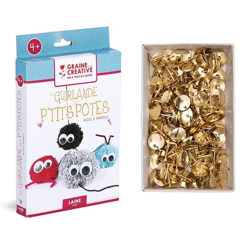 Coffret guirlande en pompons les petits potes + 150 punaises dorées Yo