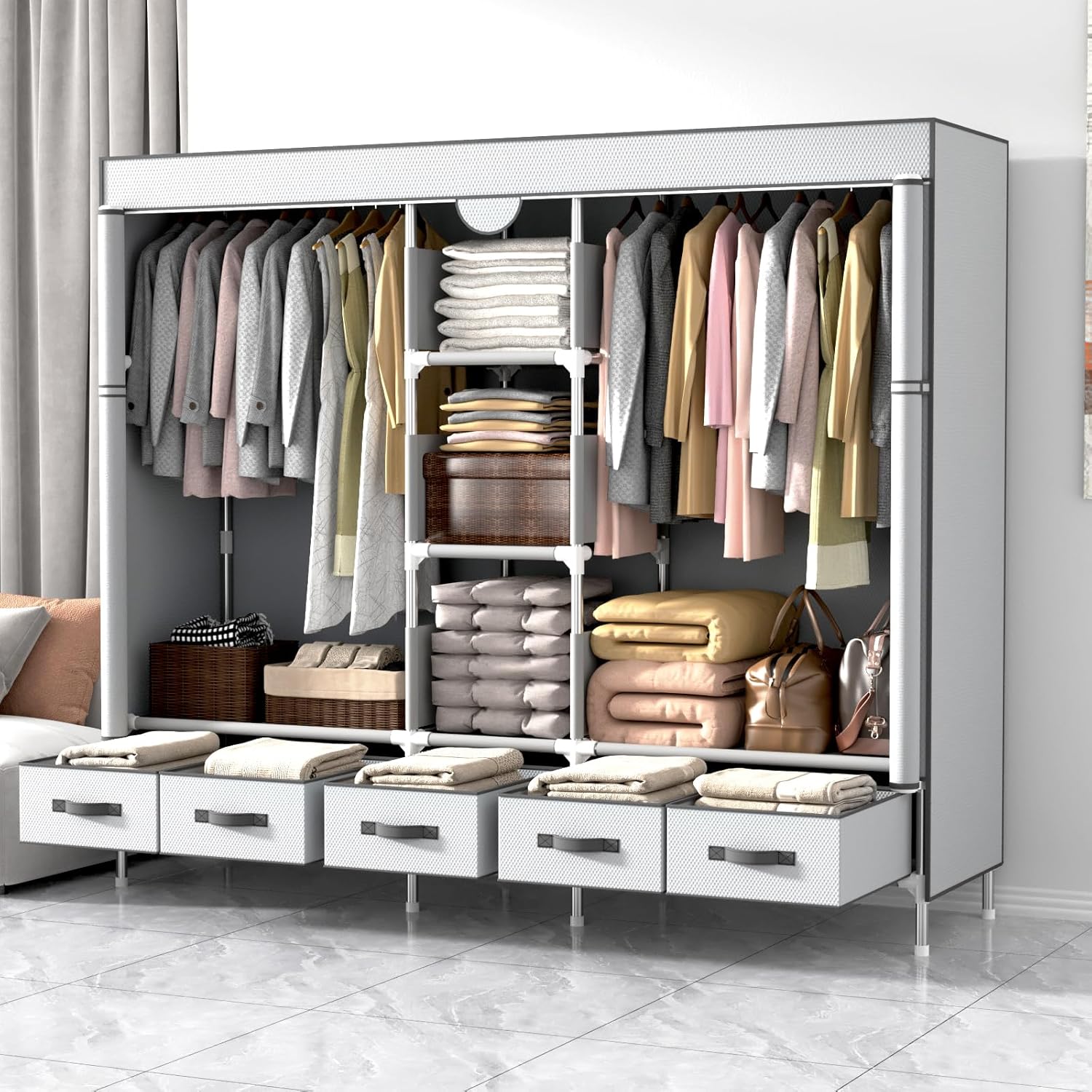 Kleiderschrank,Schlafzimmer Stoffschrank,Kleiderstander mit Schubladen,Faltbar Garderobe mit 2 Kleiderstange