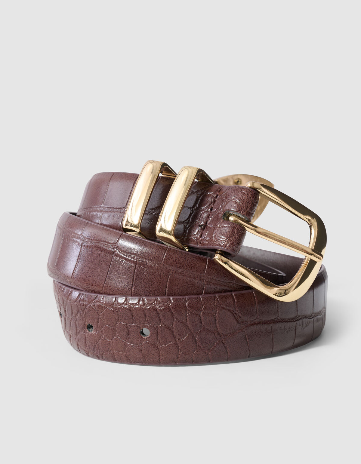Double Metal Croco Riem Donkerbruin/Goud