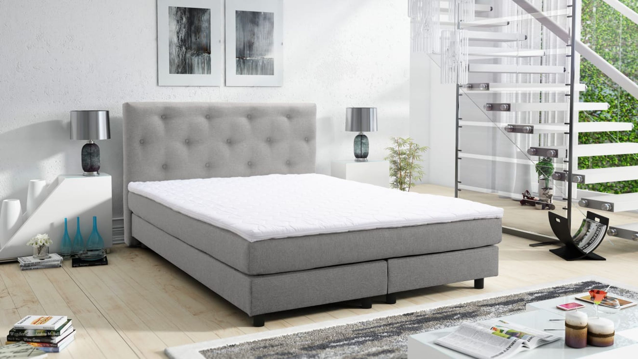 Boxspringbett Boxbett Glenn 1 Chester Hotelbett 140x200 Bett Topper hellgrau