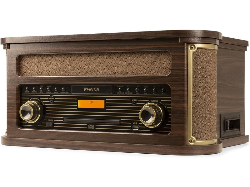 Fenton Plattenspieler Memphis Vintage Dunkelbraun Retro Plattenspieler mit Radio, Bluetooth, Media-Player und Umwandlungsmöglichkeit für Schallplatten und Kassetten