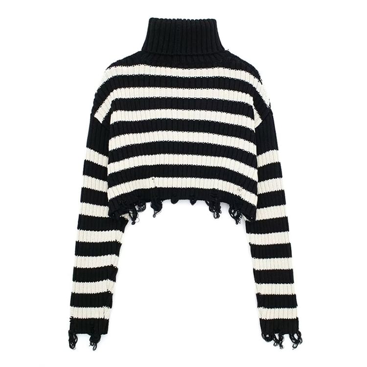 SugaYuja - Gestreepte crop top met lange mouwen en coltrui in distressed-stijl