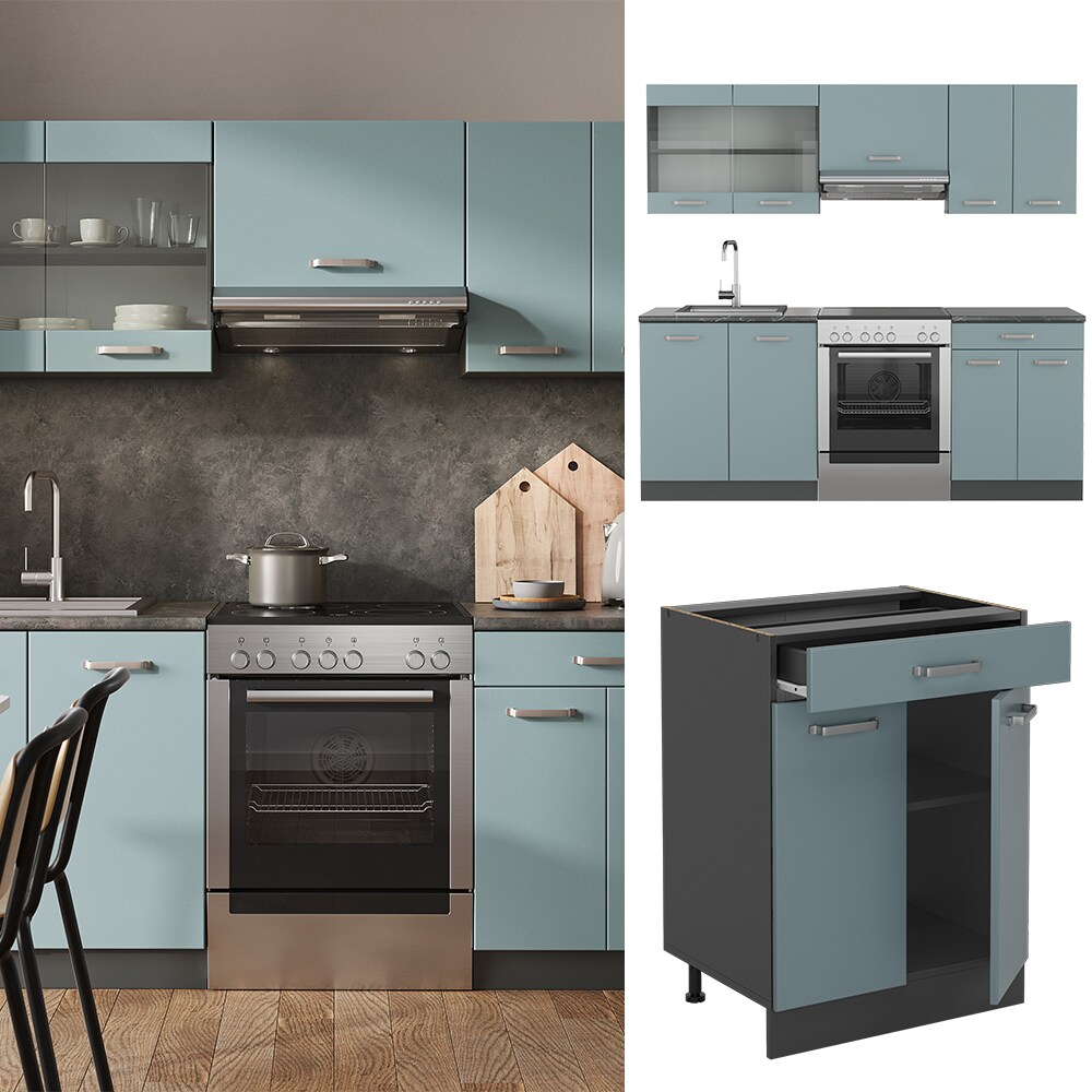 Vicco Küchenzeile R-Line Solid Anthrazit Blau Grau 200 cm modern Küchenschränke Küchenmöbel