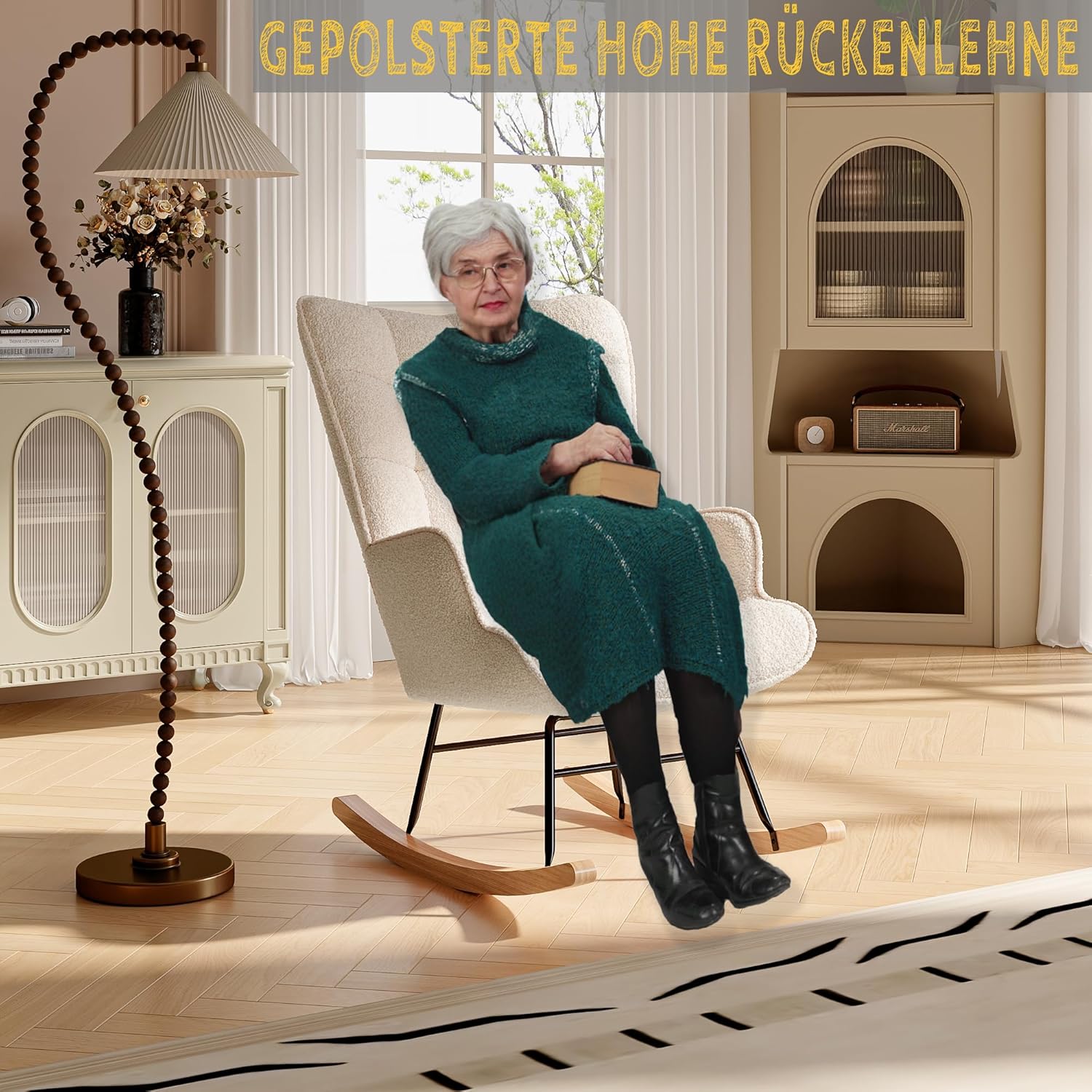 Schaukelstuhl Relaxsessel Stillsessel Schaukelsessel Wohnzimmersessel Schwingsessel mit Metallgestell und Holzsockel, Belastbarkeit Bis 130 Kg, Teddystoff, Beige 75 x 68 x 92 cm