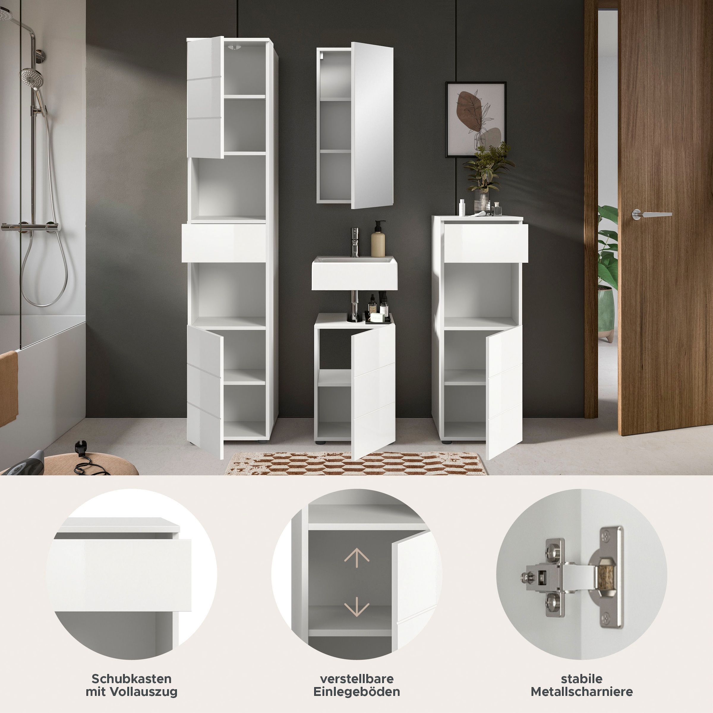 welltime Badmöbel-Set »Biel, Höhe 190 cm, Hochschrank, Unterschrank, Spiegel, Standschrank« 4 Stk. tlg.