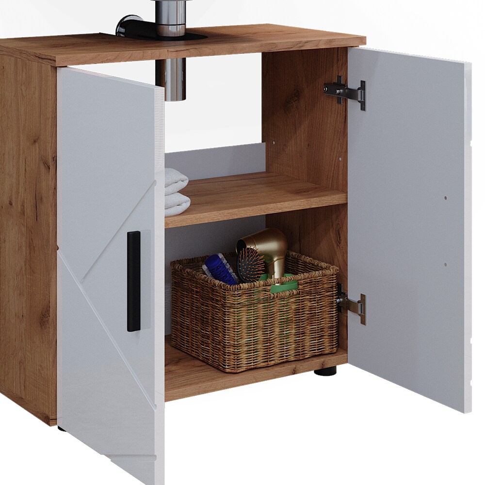 Vicco Badmöbelset Irma Eiche Weiß Hochglanz modern Badezimmerschrank Badschrank Badezimmermöbel Waschtischunterschrank Spiegelschrank Midischrank Schranktür Schrankfach