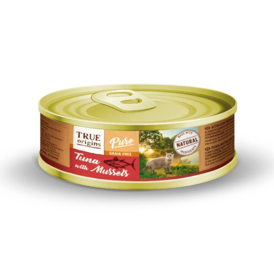 Atum e mexilhões puros True Origins em lata para gatos adultos