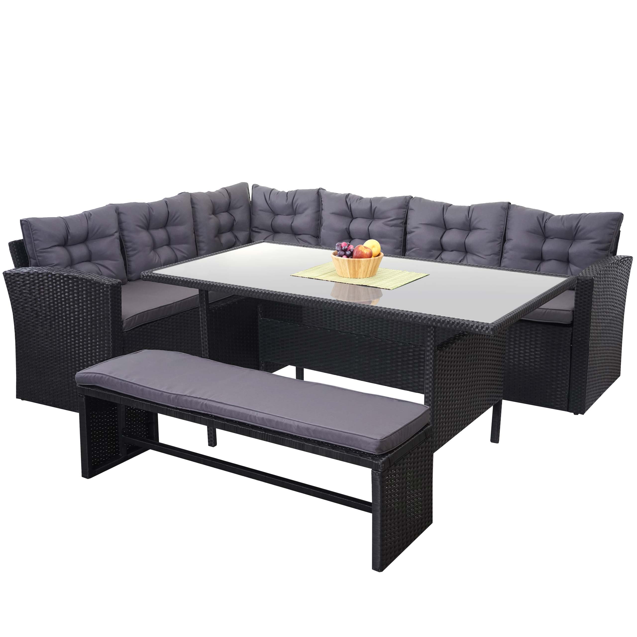 Poly-Rattan-Garnitur MCW-A29, Gartengarnitur Sitzgruppe Lounge-Esstisch-Set, schwarz ~ Kissen dunkelgrau, mit Bank