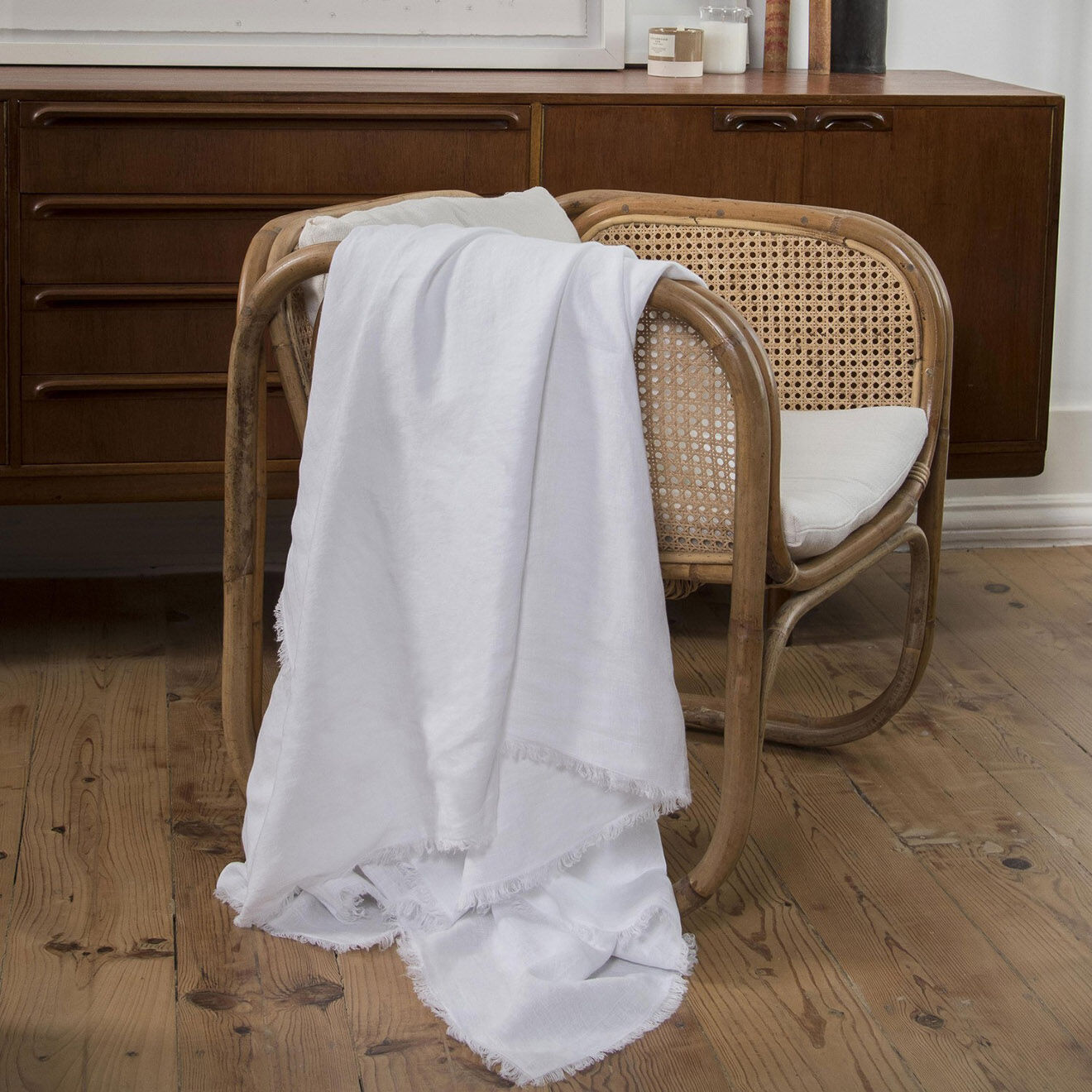 Febronie Plaid en lin lavé frangé Hortense blanc - 180x260 cm
