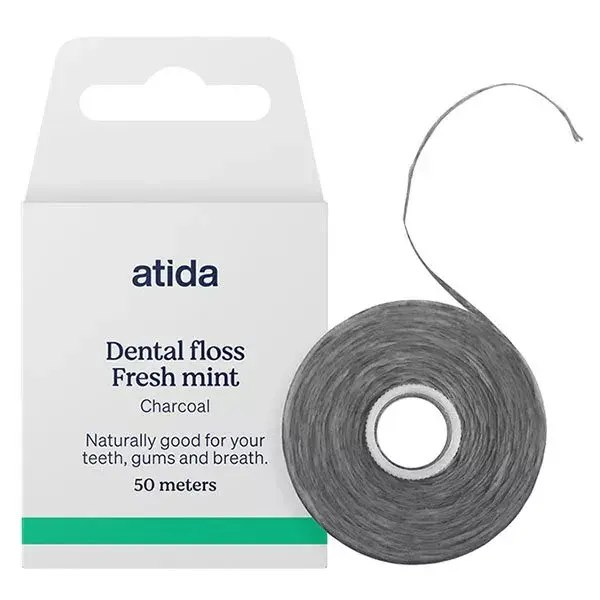 Fio dental Atida sabor menta com carvão ativado, 50m x 5